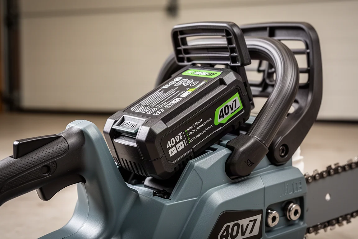 Pacchetto batteria che si inserisce nell'impugnatura posteriore di una motosega a batteria