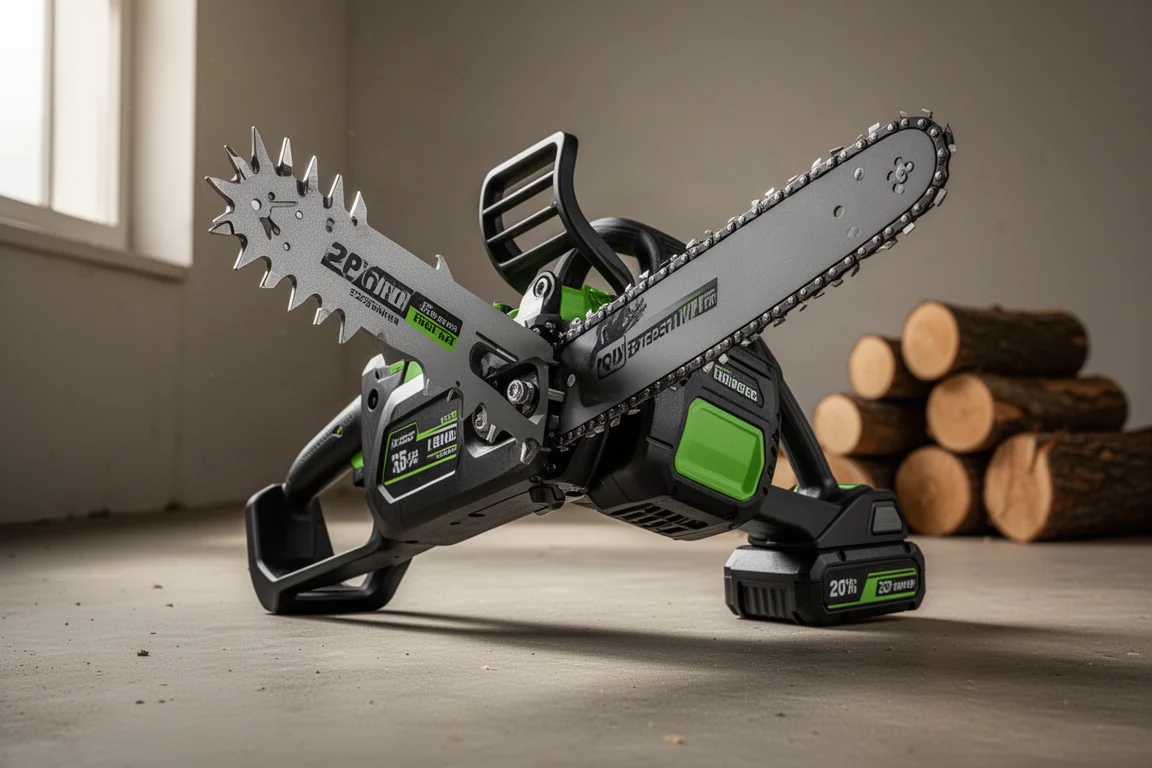 Ryobi 20in HP cordless chainsaw standing on a concrete workshop floor