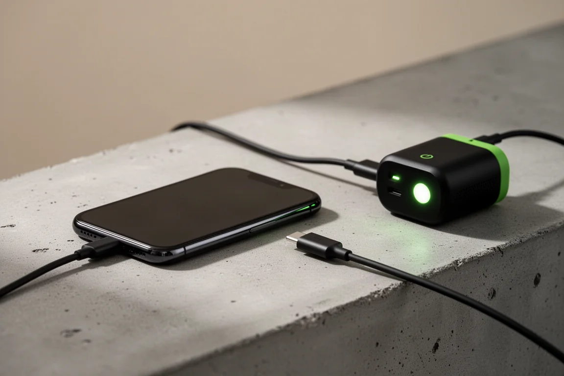 Powergerät ist per USB-C-Kabel verbunden und lädt ein Smartphone
