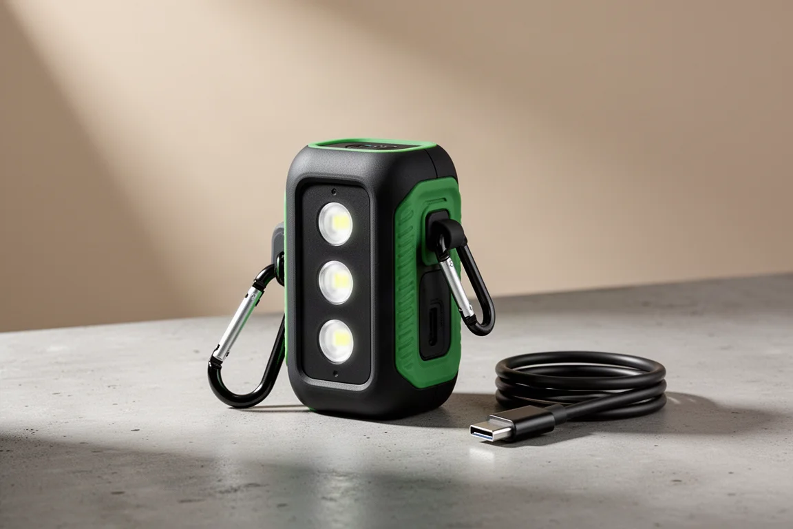 Compact black and green power device with three LED lights, carabiner, and USB-C cable on concrete