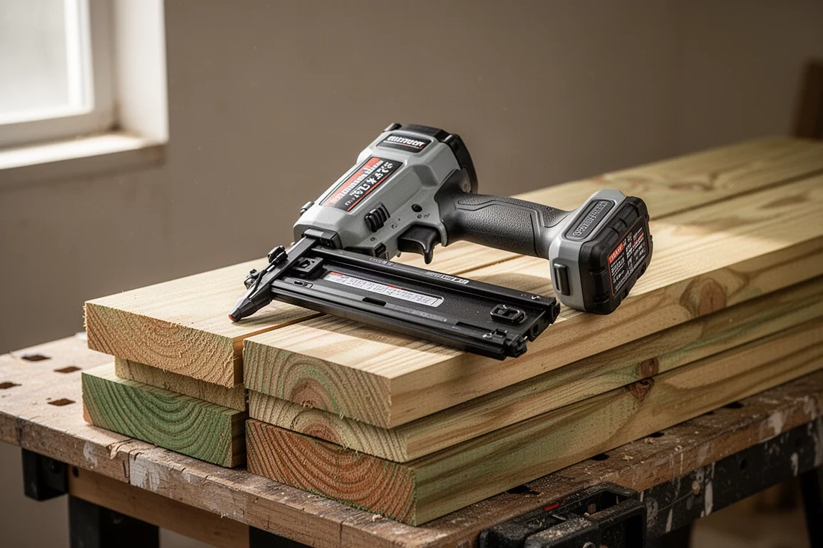 Cordless framing nailer resting on stacked treated lumber in a workshop