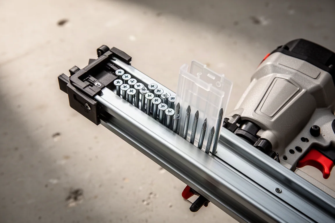 Close-up of a framing nailer magazine loaded with a nail clip