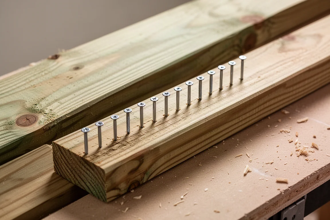 Framing nails driven flush into two pieces of treated lumber