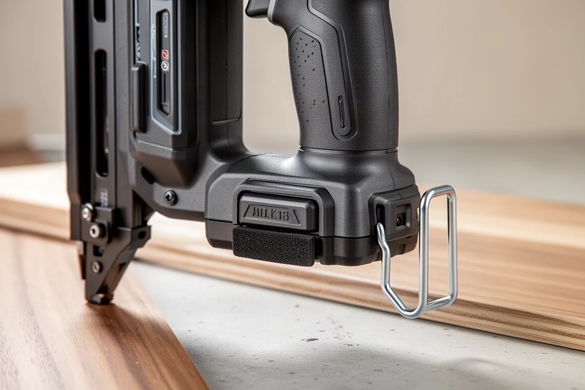 Framing nailer handle with battery pack and rafter hook detail