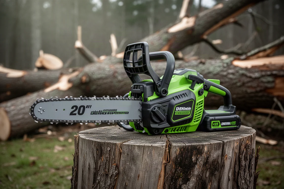 Motosega Ryobi 40V da 20 pollici appoggiata su un ceppo di legno con tronchi sullo sfondo