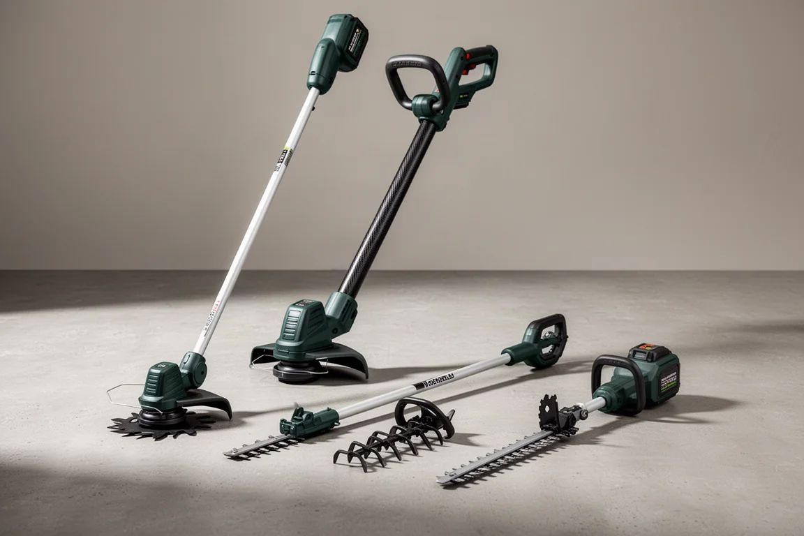 Decespugliatore Ryobi 40V con fusto in fibra di carbonio accanto agli accessori Expand-It su cemento