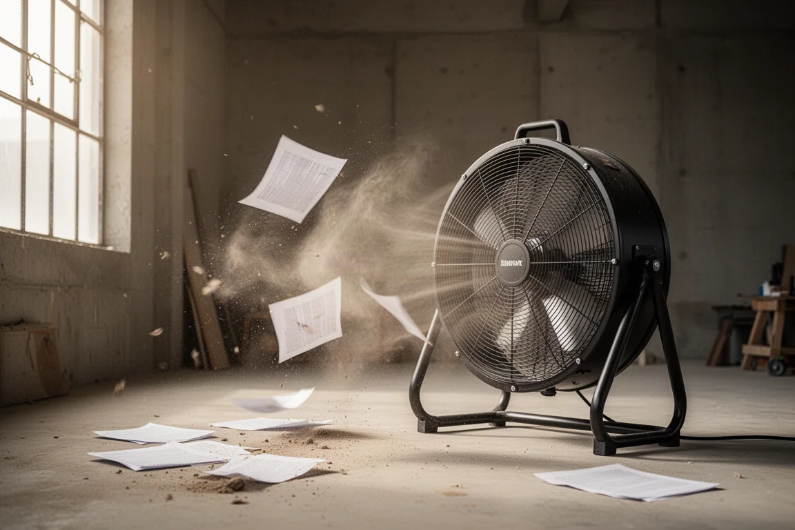 Large portable fan running in an open workshop with papers lifting in the airflow