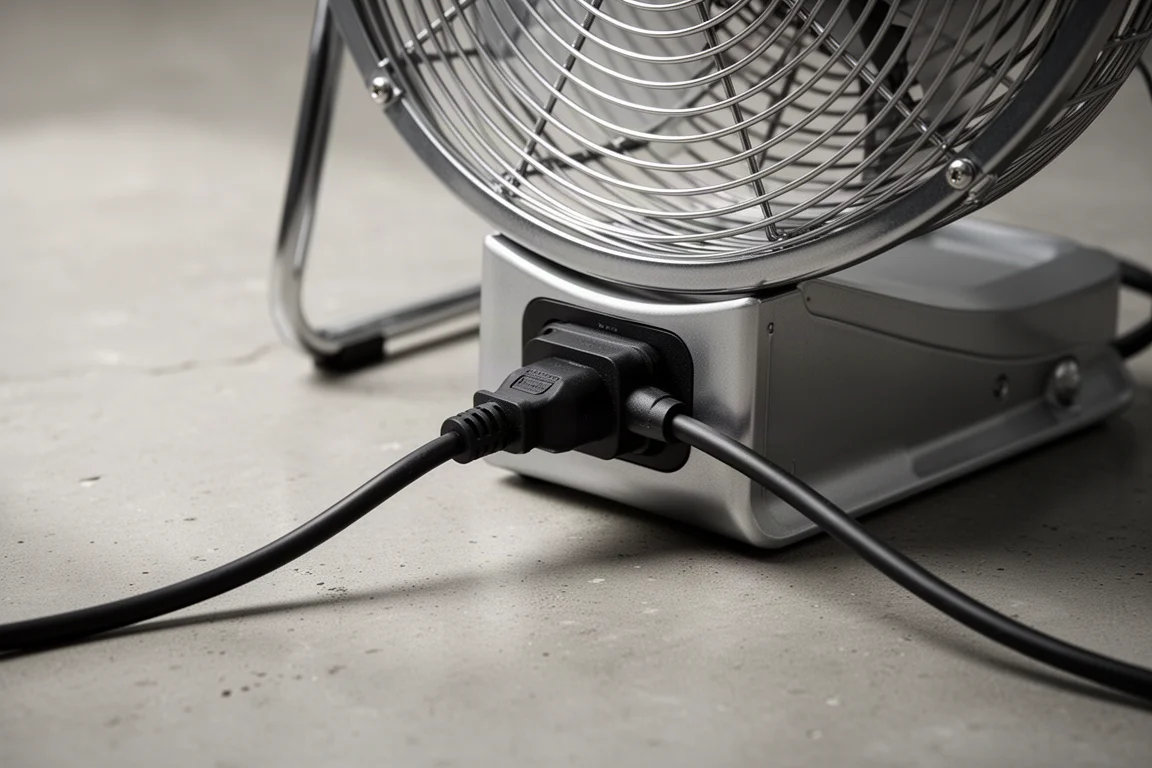 Black extension cord plugged into a portable fan housing