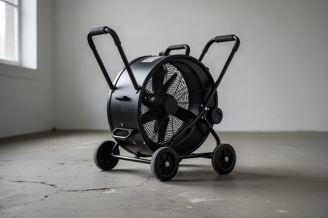 Folding handle and wheels of a portable fan over rough concrete