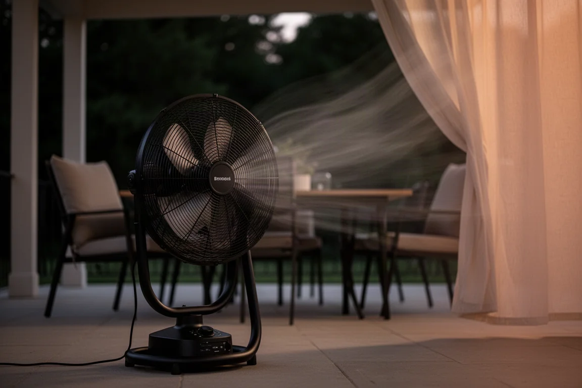 Fan running quietly in a dim evening patio setting
