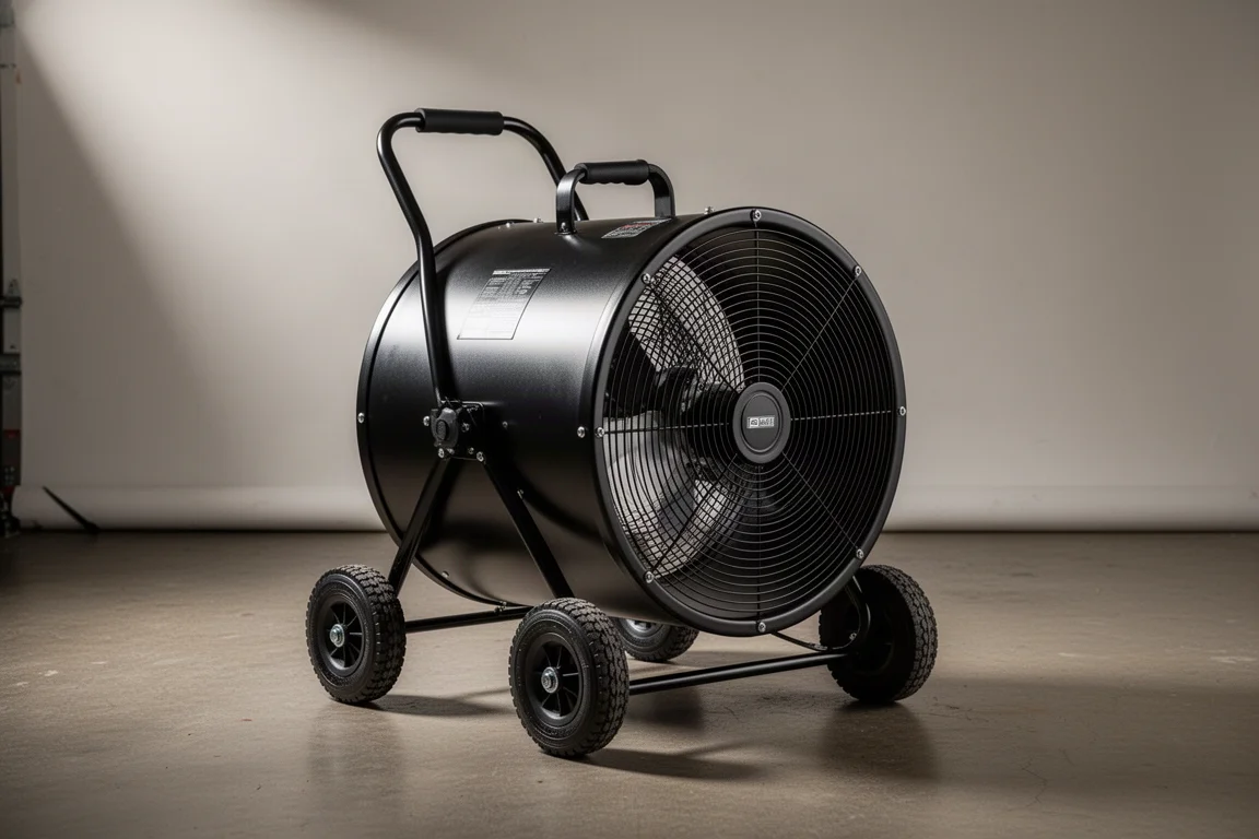 Large black 20-inch portable fan with wheels and folding handle on concrete floor