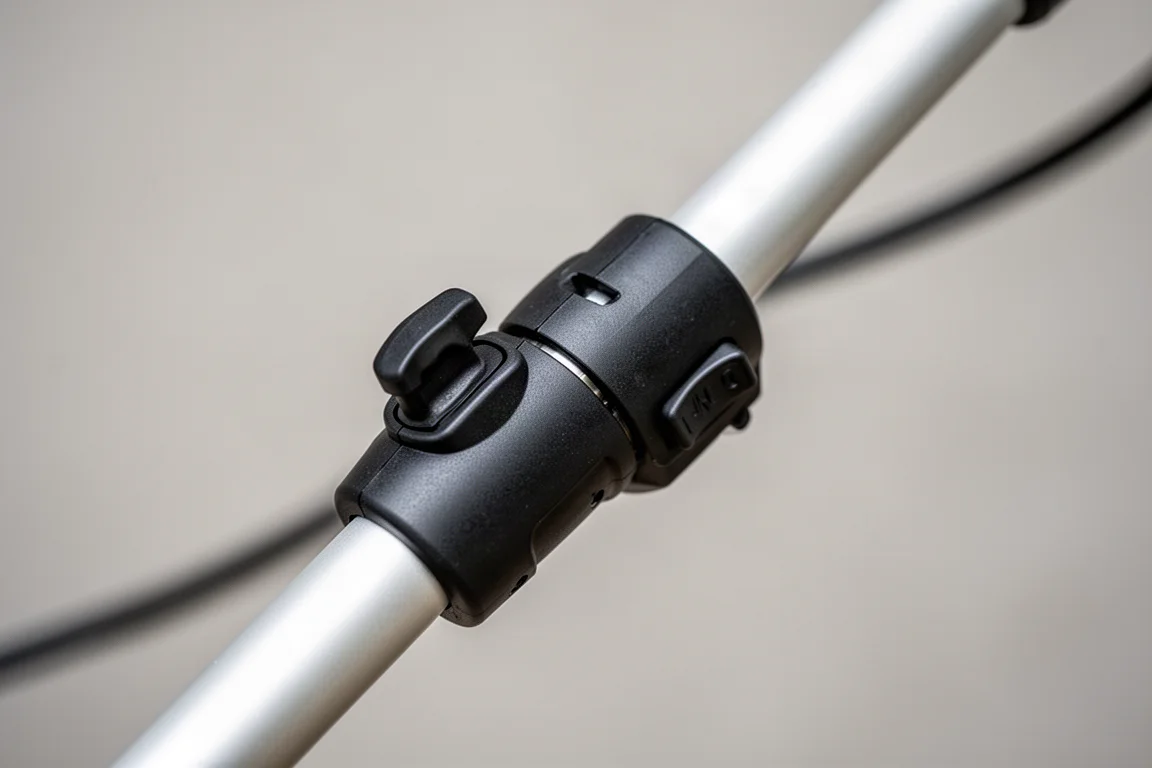 Close-up of the attachment joint on a Ryobi string trimmer with a knob and release button