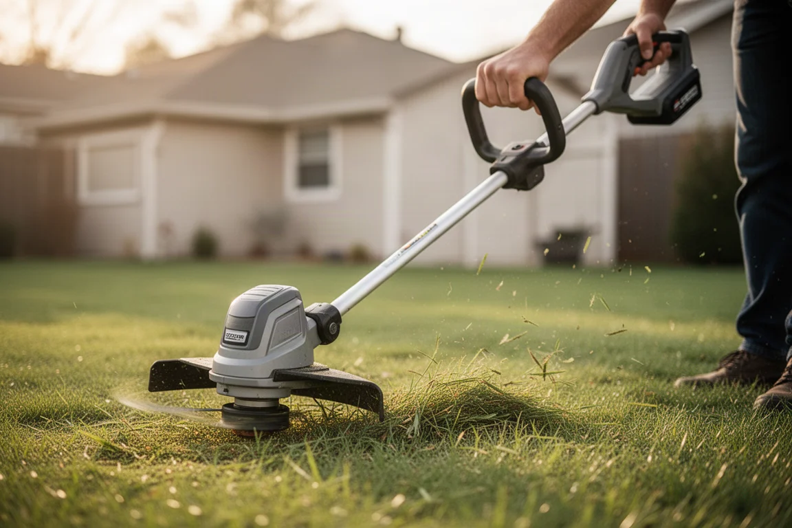 Hand holding a cordless string trimmer by its front handle in a grassy yard