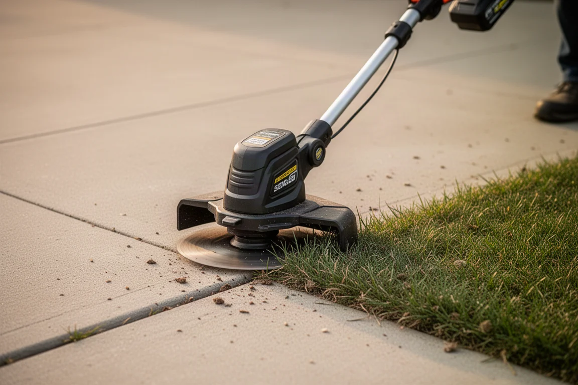 Cordless string trimmer with edger attachment cutting along a concrete driveway edge