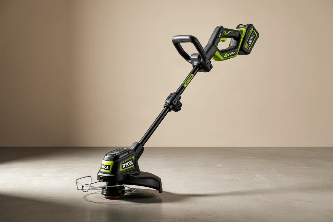 콘크리트 표면에 똑바로 세워져 있는 Ryobi 40V HP 부착형 스트링 트리머