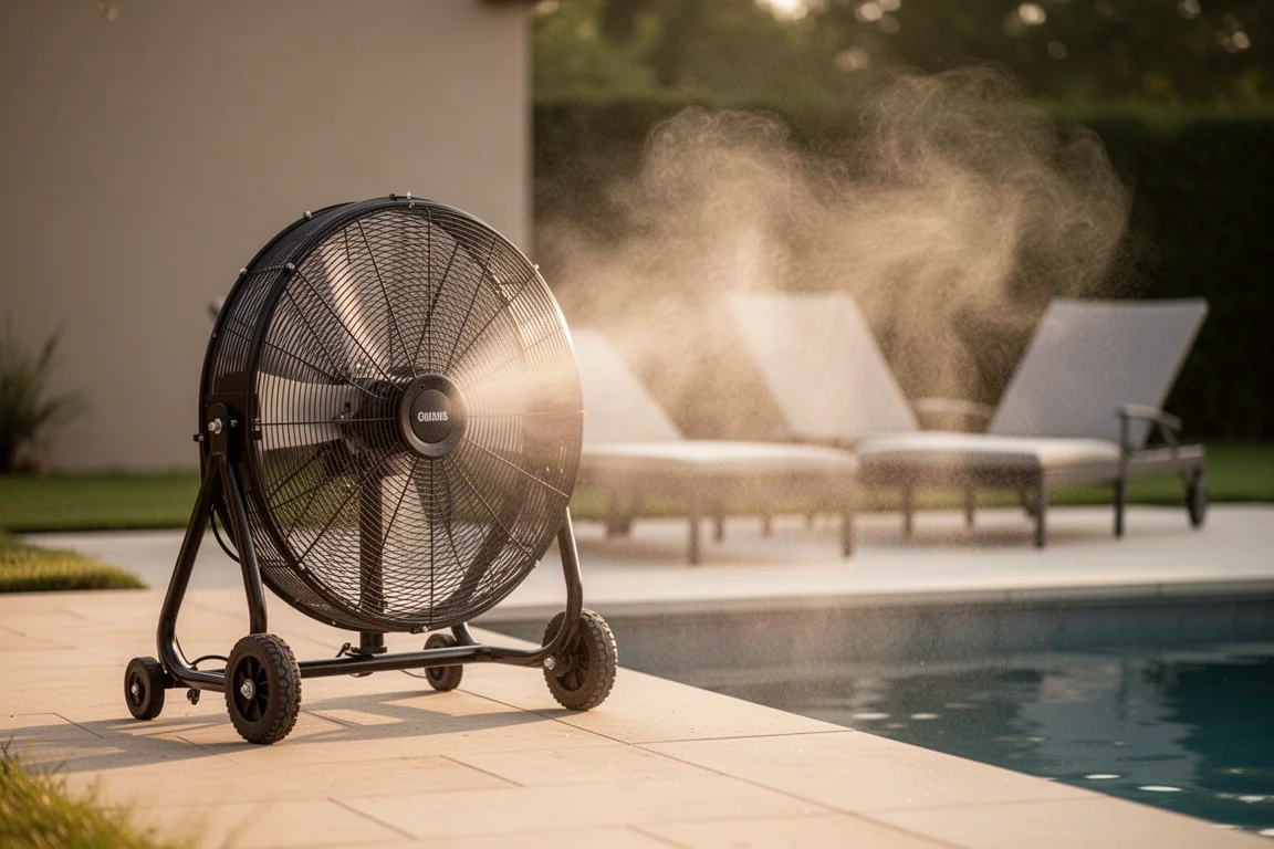 Misting-Ventilator auf Rollen auf einer Gartenterrasse, der an einem heißen Tag eine Sitzecke abkühlt