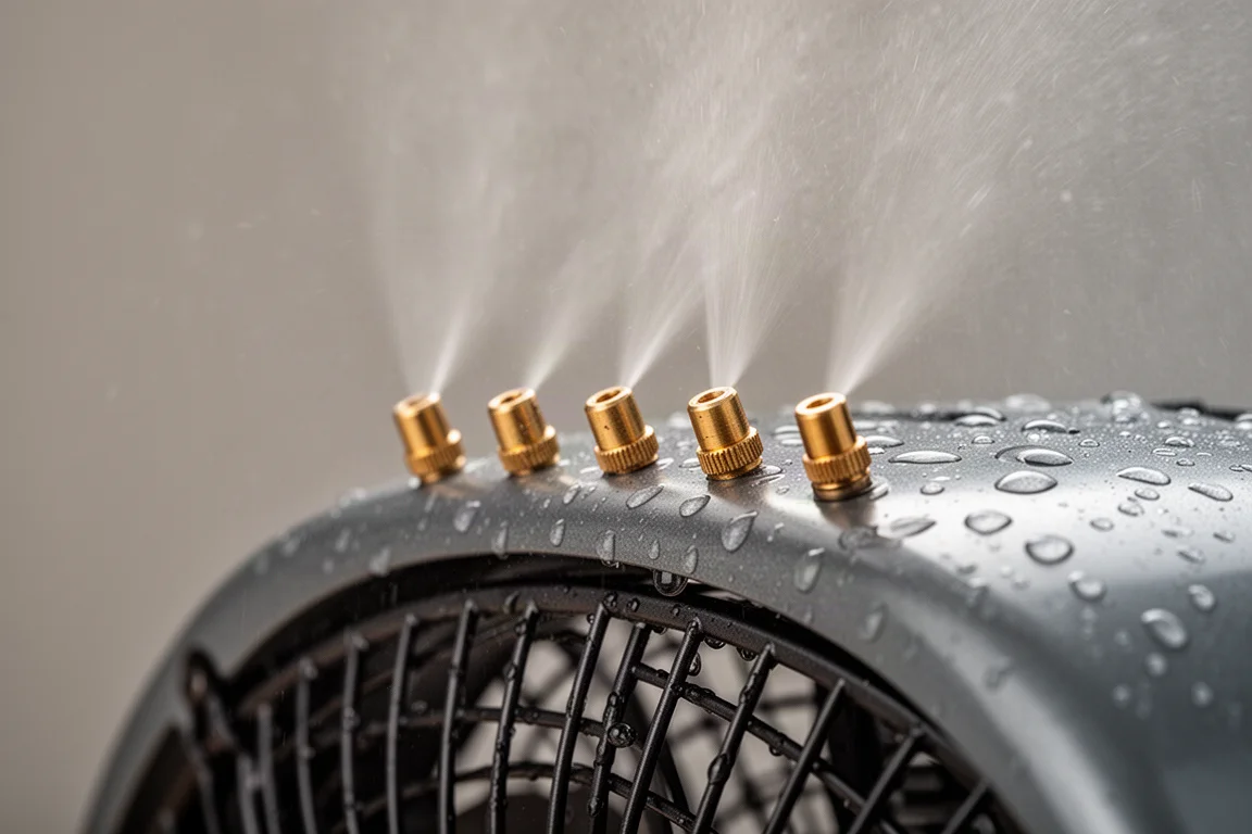 Nahaufnahme von vier Misting-Düsen an einem Ventilatorgehäuse mit feinem Wassernebel