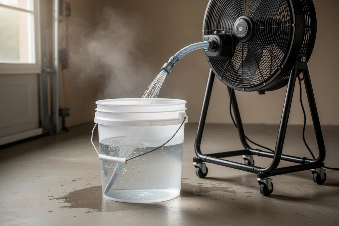 Schlauch des Misting-Ventilators, in einen Wassereimer gehängt für den mobilen Betrieb