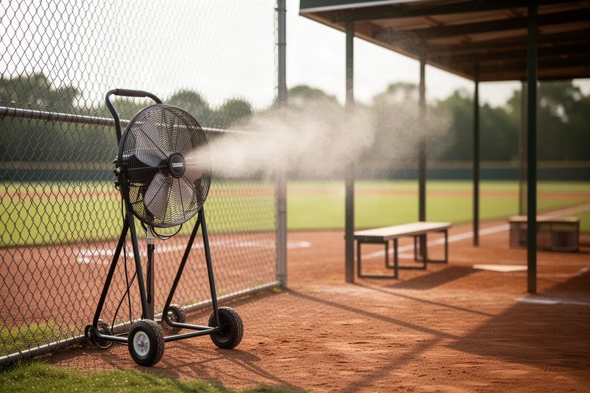 Misting-Ventilator neben einem Softball-Unterstand für Jugendliche an einem hellen Sommermorgen