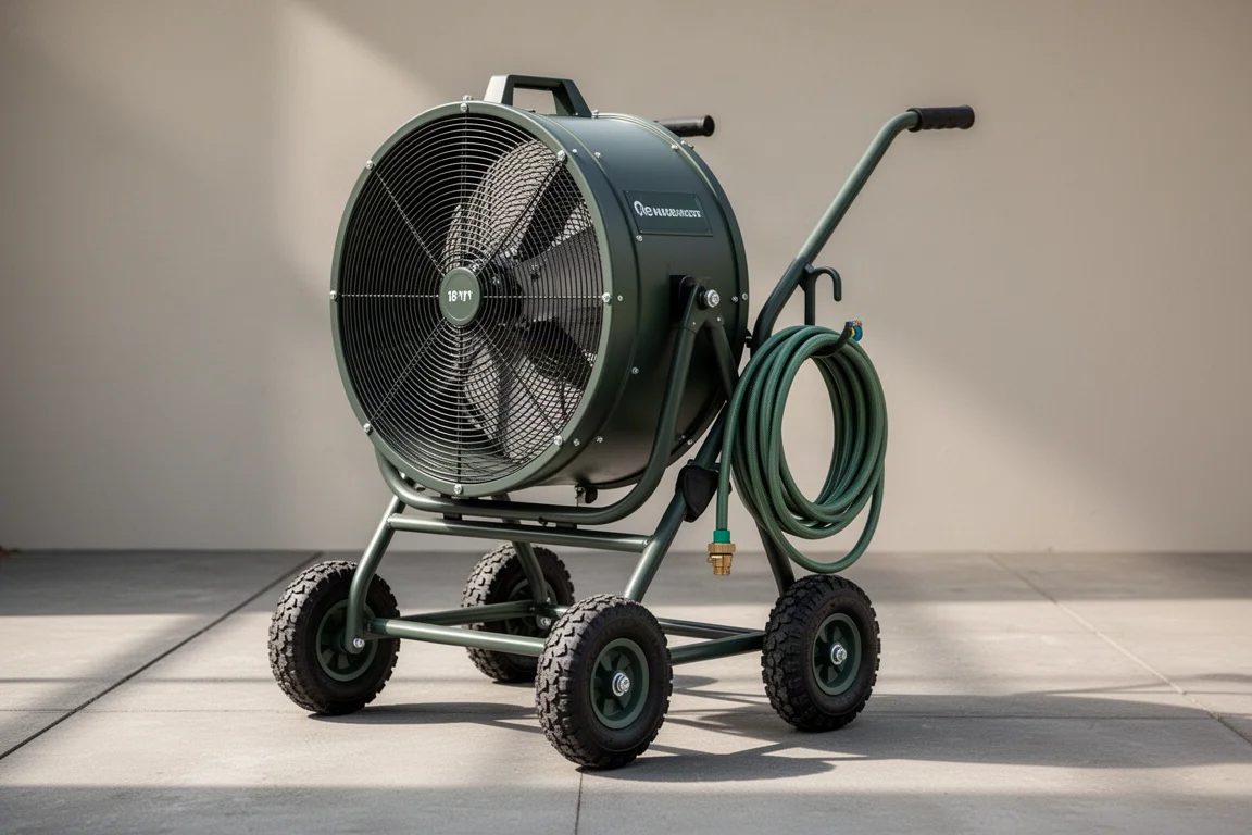 Ryobi 18-inch hybrid misting air cannon on a concrete patio with coiled hose
