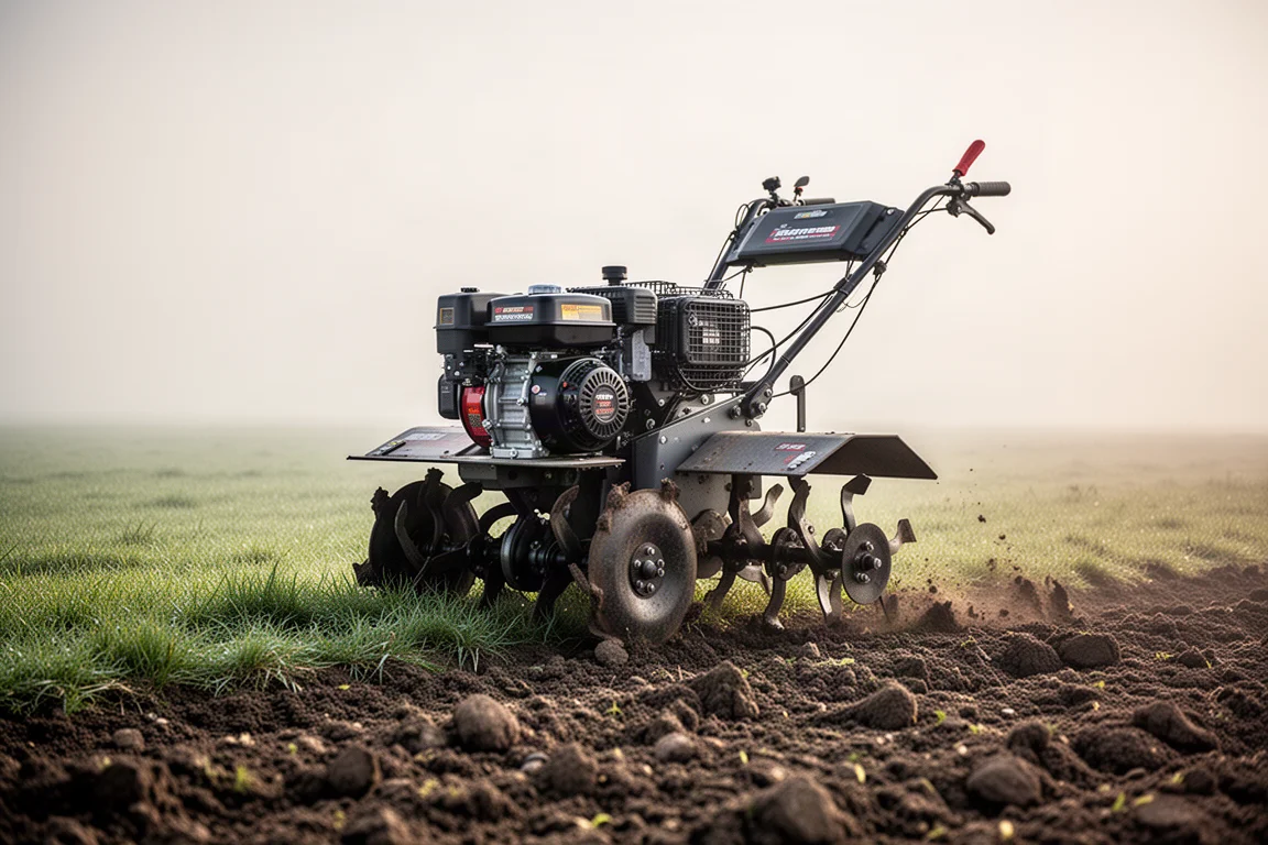 Rear tine tiller standing ready on unprepared ground with grass in the background