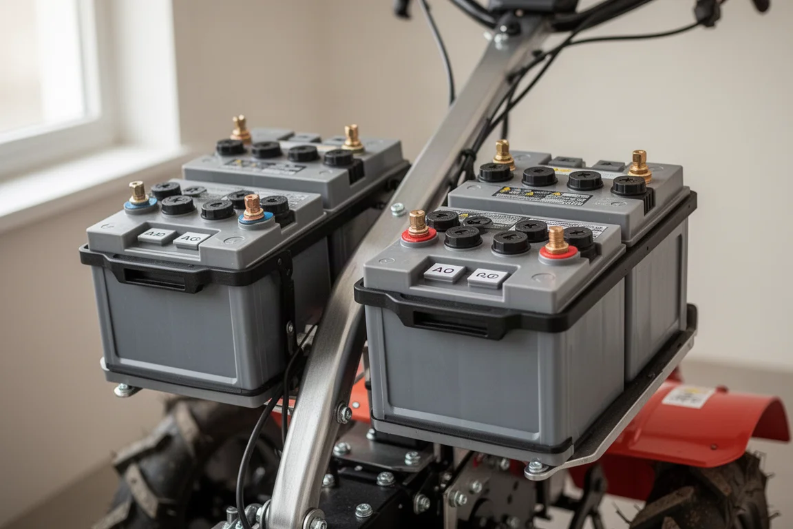 Close-up of four 40V 6Ah batteries mounted on either side of the tiller