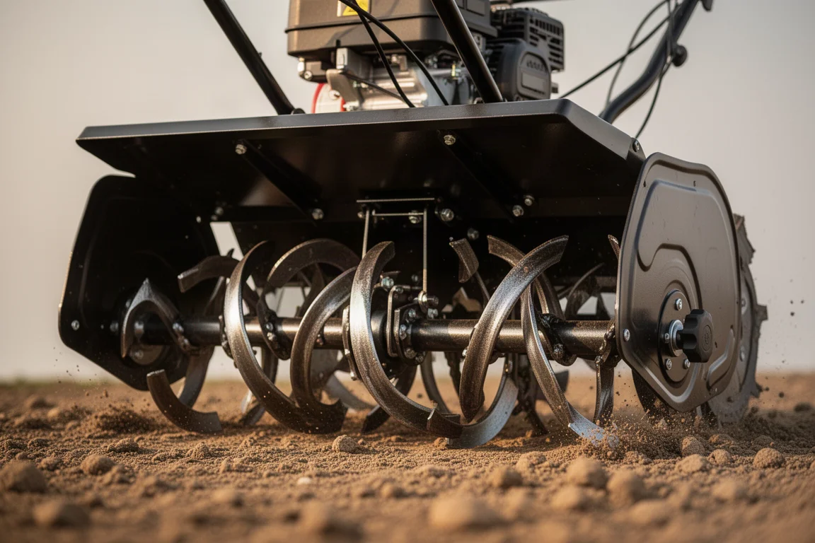 Counter-rotating rear tines and adjustable side shields on a tiller