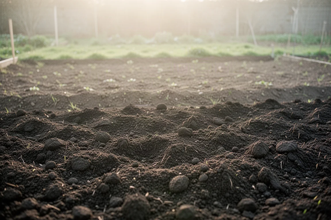 Freshly tilled dark soil in rows ready for planting