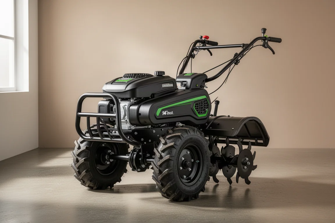 Motocoltivatore Ryobi 40V bimbinghi posteriore con grandi pneumatici e manubrio su superficie in cemento