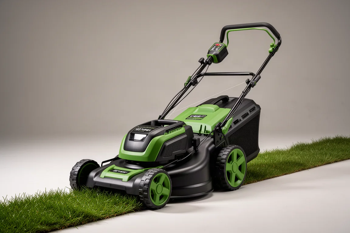 Ryobi 21-inch battery-powered self-propelled lawn mower on a grey studio backdrop