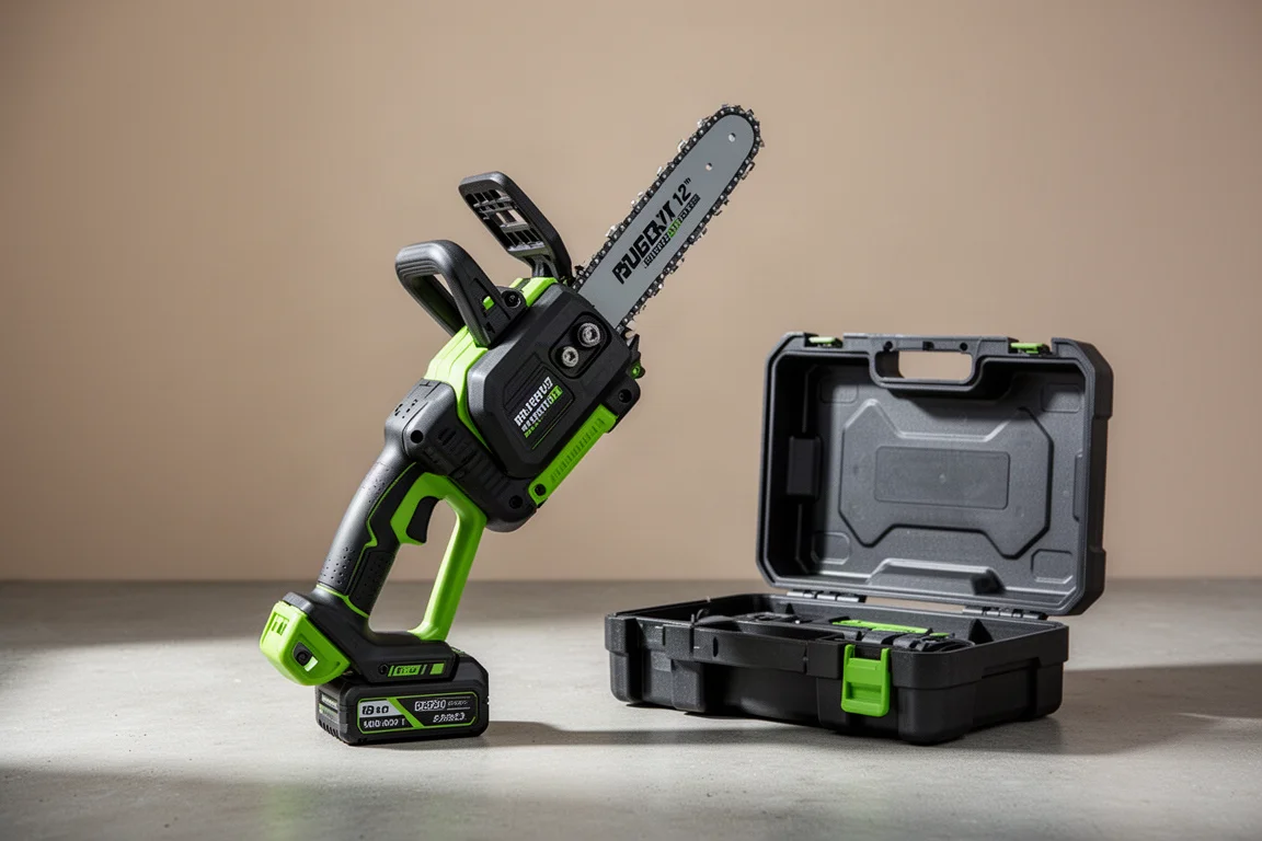 Motosiega elettrica a batteria Ryobi 40V HP accanto a una valigetta rigida aperta su cemento