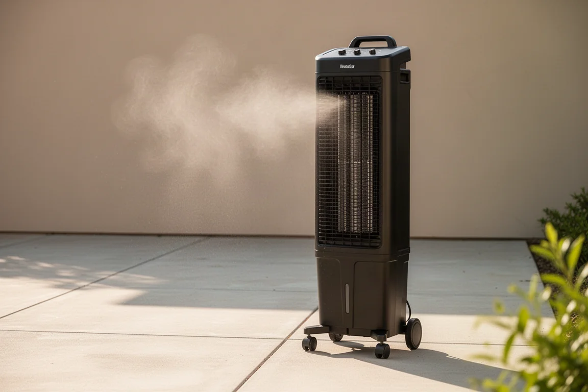 Black wheeled misting fan standing on a concrete patio in bright daylight