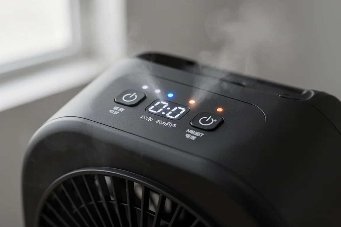 Digital control panel with fan speed and mist buttons on the fan housing