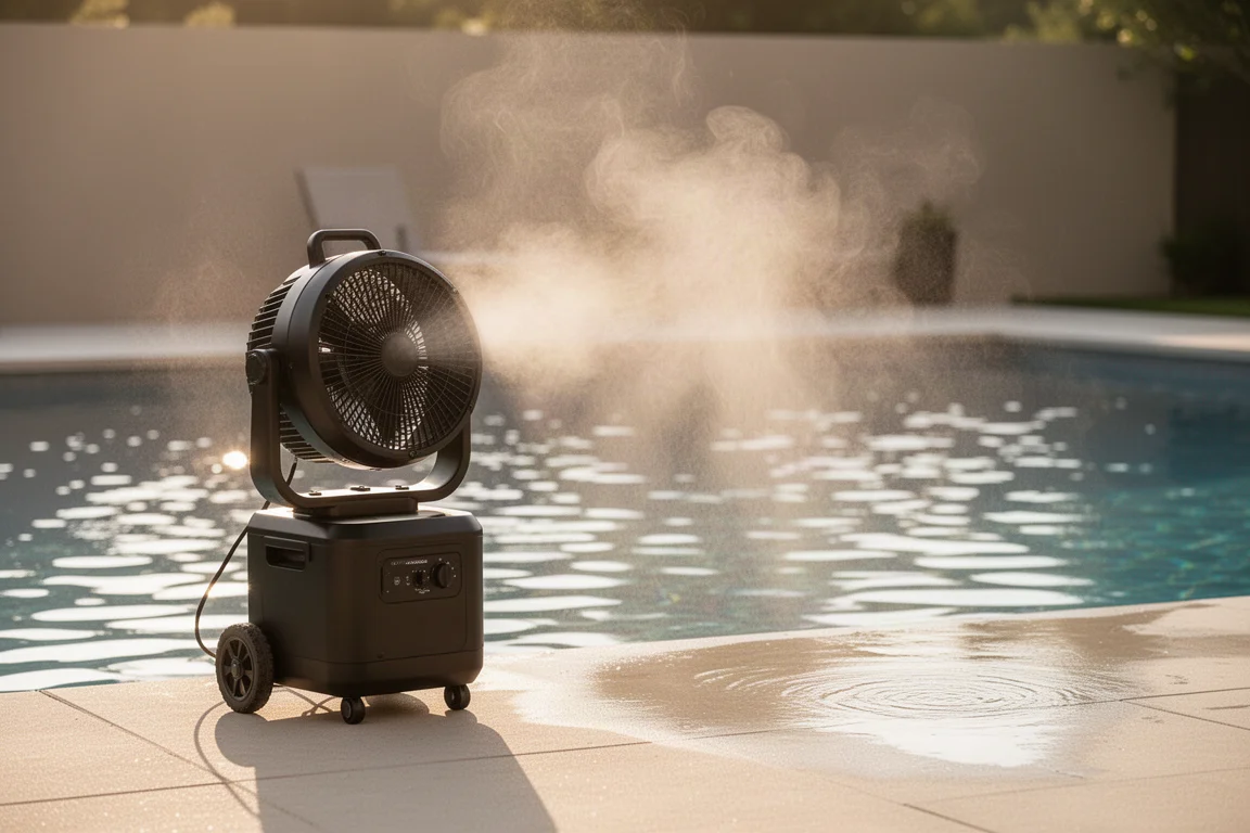 Misting fan running beside a pool on a hot summer afternoon
