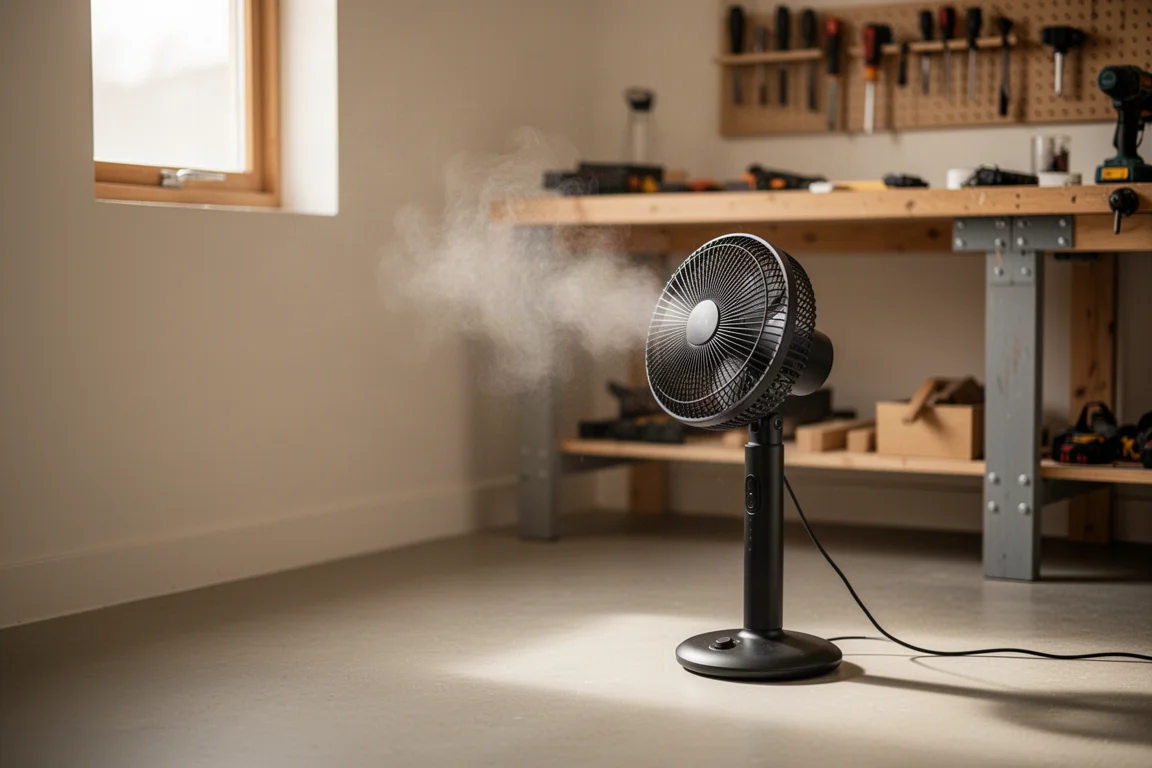 Misting fan tucked into a workshop corner without water misting active