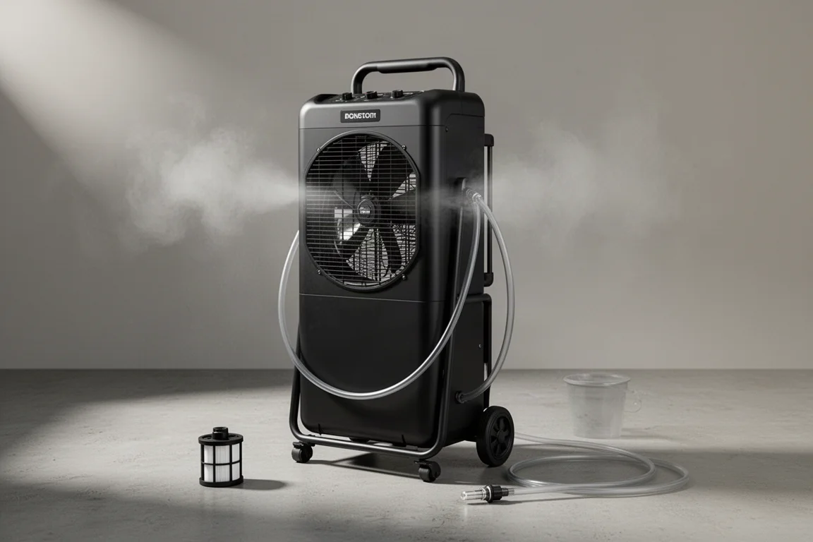 Black wheeled misting fan with mesh grille, handle, and misting hose on concrete