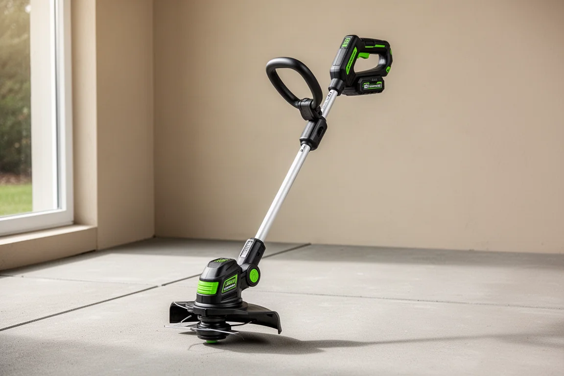 Ryobi 40V HP Whisper Series cordless string trimmer standing on a concrete patio