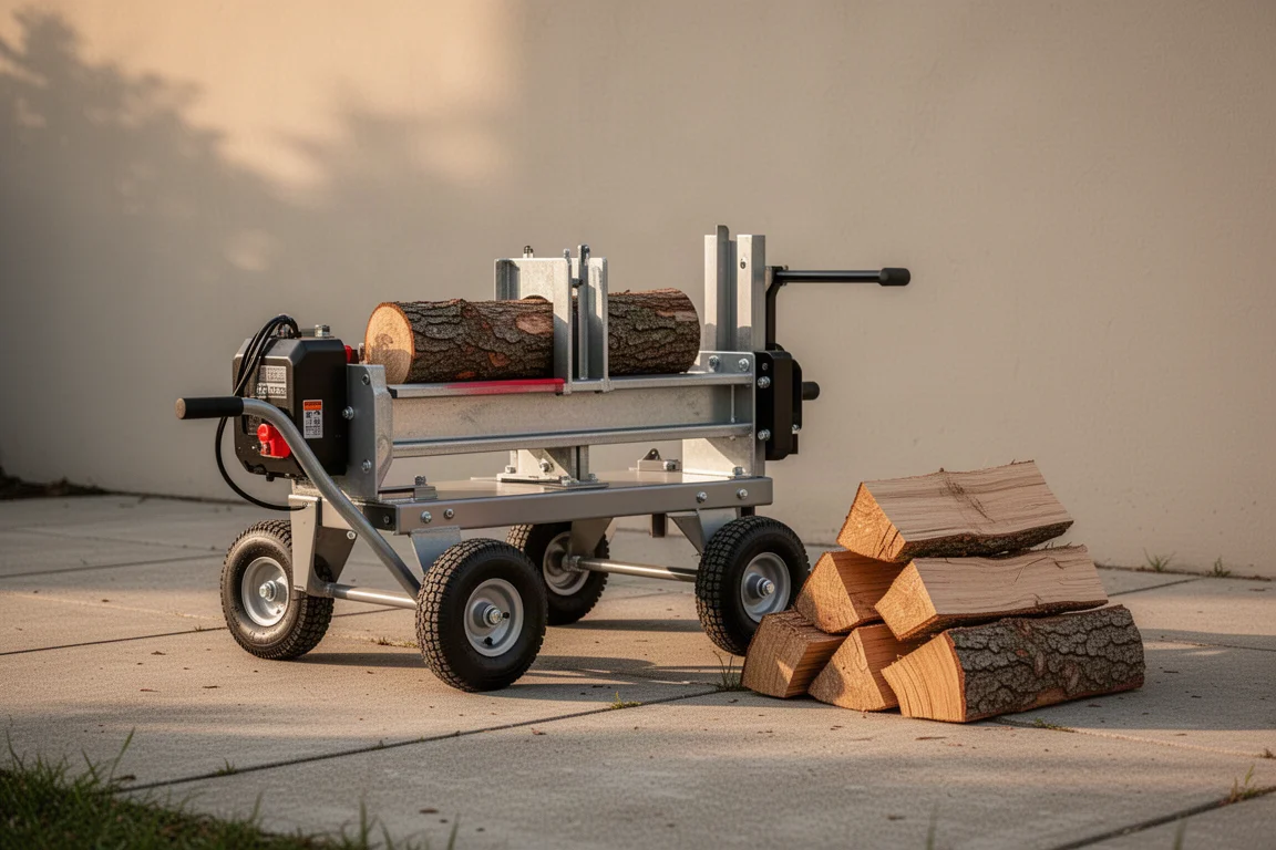 Kompakter akkubetriebener log splitter auf einer Betonterasse neben gespaltenem Brennholz