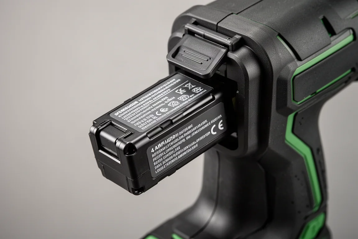 4Ah battery pack sliding into the handle of a cordless pole saw
