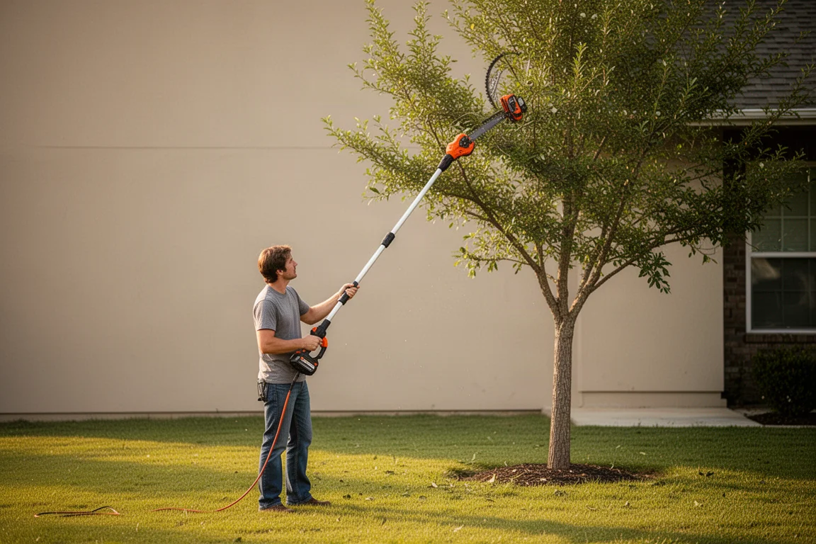 Person trimming a high tree branch with a pole saw in a residential front yard