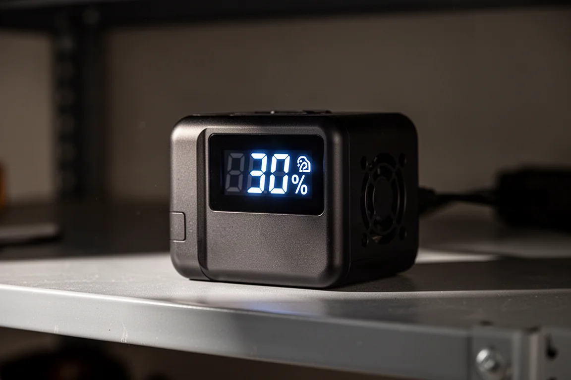 Ladegerät mit Digitalanzeige, die einen Ladezustand in Prozent zeigt, auf einem Regal in der Garage