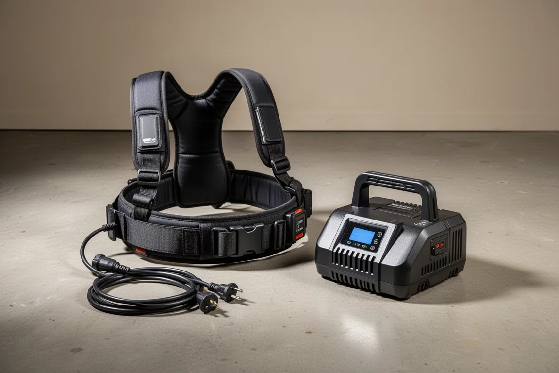 Imbragatura Ryobi 40V Power Belt e Hyper Charger su un pavimento di cemento in garage