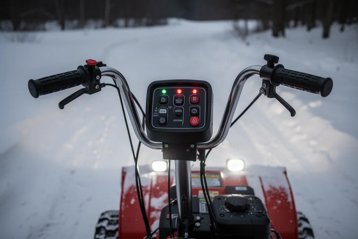 Panneau de commande sur le guidon avec commandes de goulotte et lumières LED au crépuscule