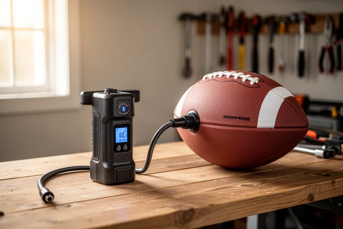 Compact handheld air pump with digital display inflating a football on a workbench