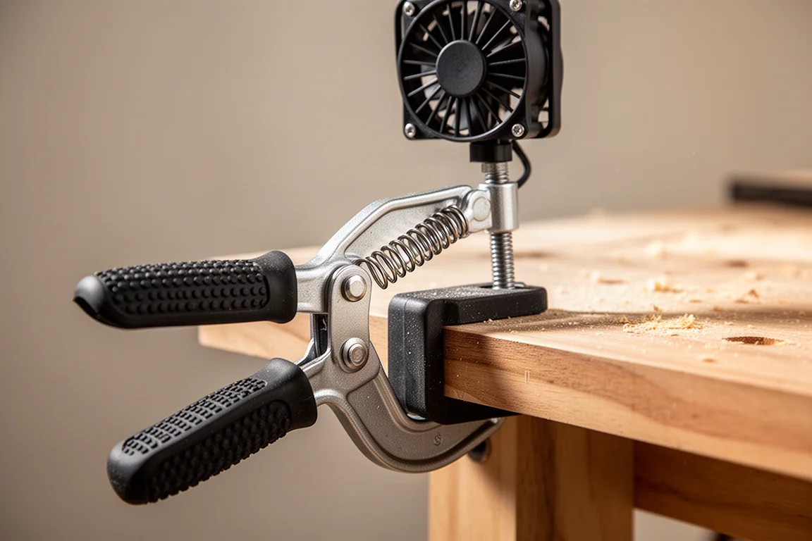 Close-up of a strong spring clamp gripping a workbench edge