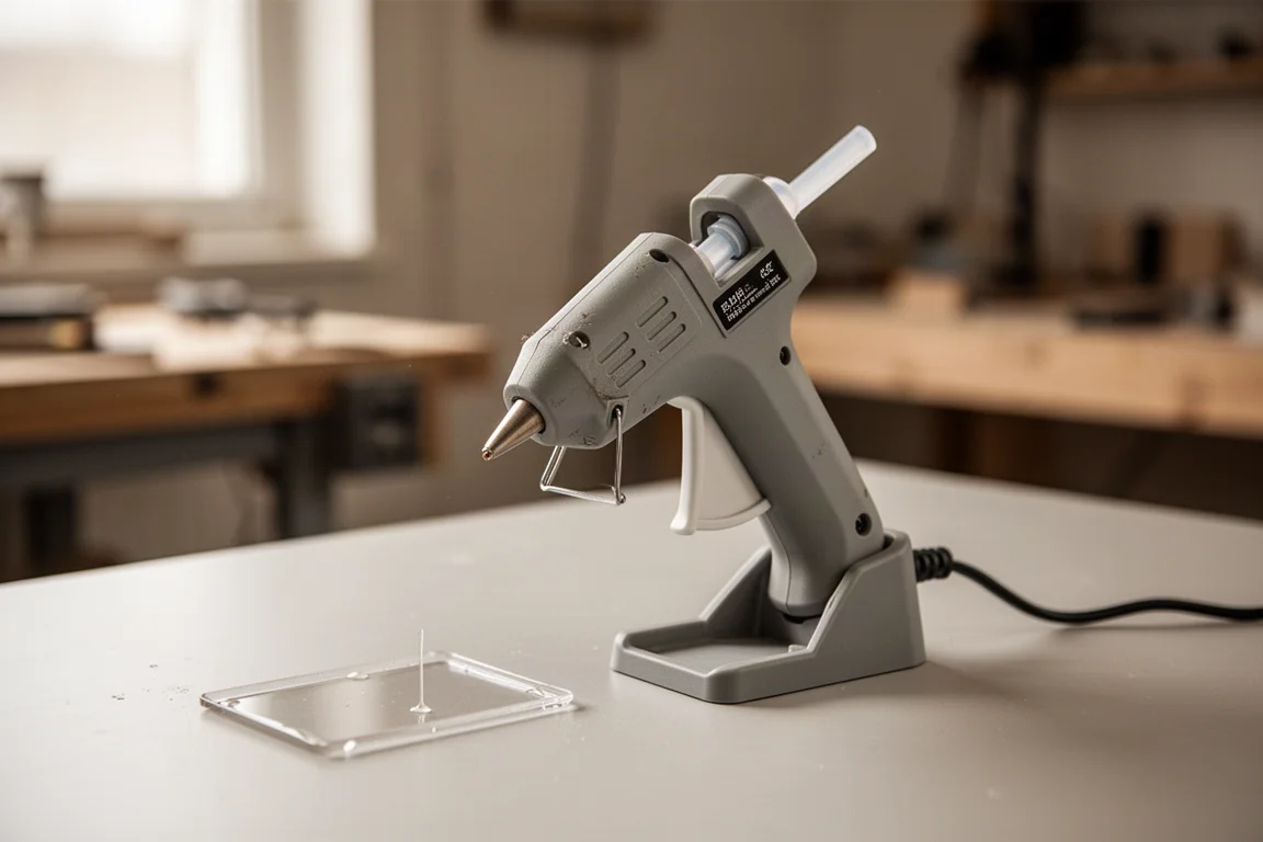 Compact glue gun resting in a protective stand on a desk