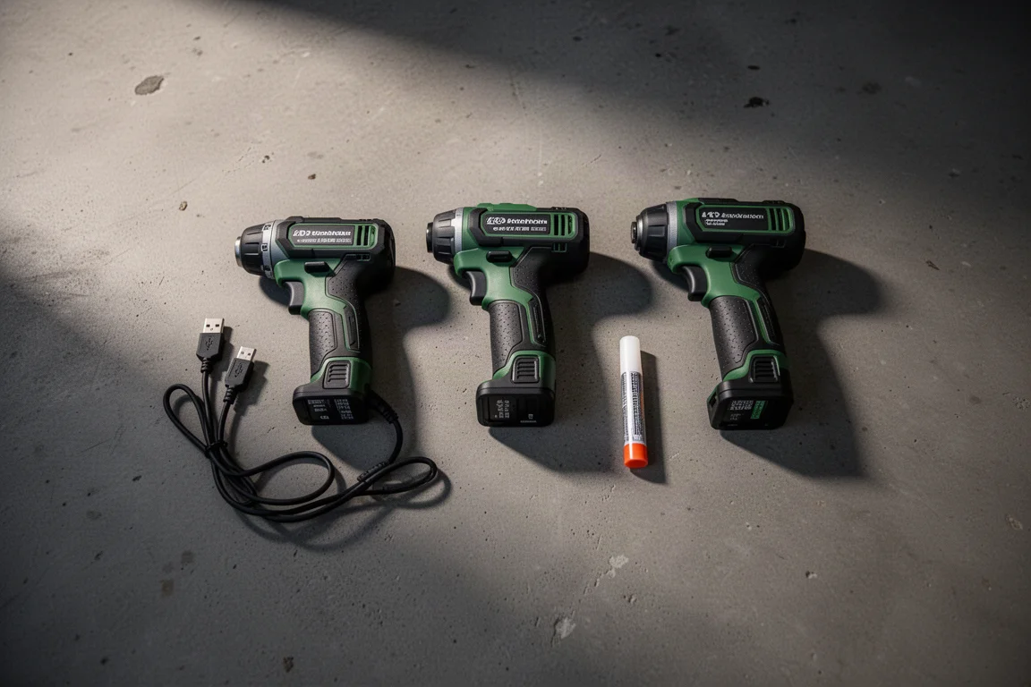Flat lay of three compact cordless tools on a concrete garage floor