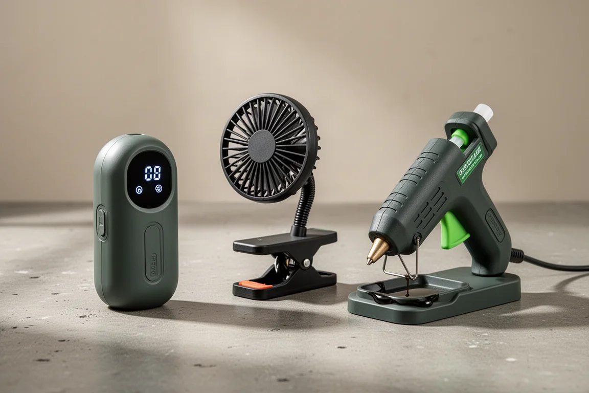 Tre strumenti compattili a batteria Ryobi 4V, pompa ad aria, ventola a pinza e pistola per colla, su una superficie in cemento