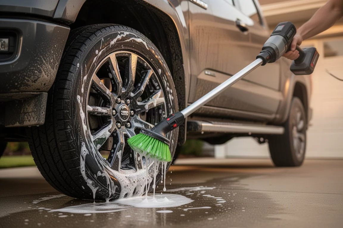 Cerchio sporco di un'auto pulito con la spazzola elettrica estesa e acqua saponata