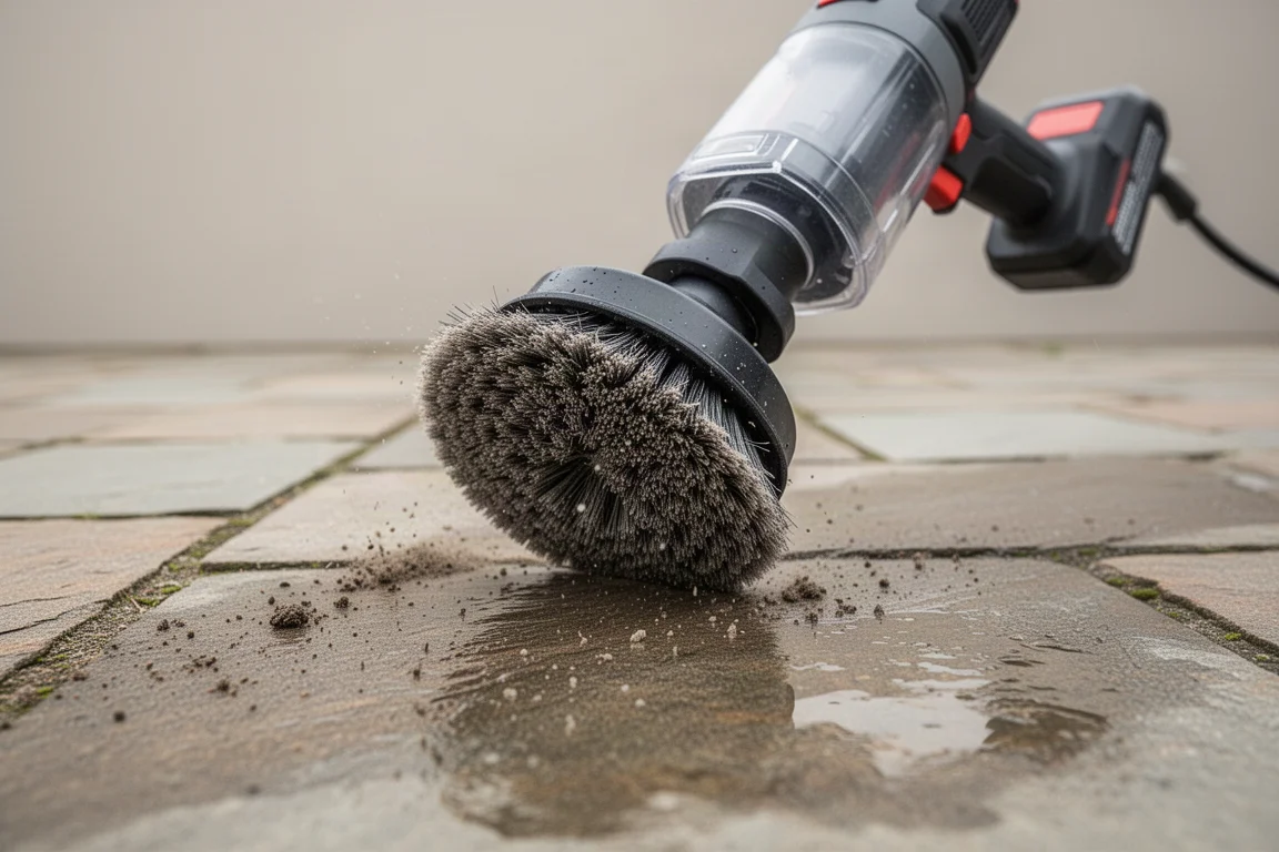 Superficie di un patio in pietra e mattoni strofinata con una testina a setole ruvide
